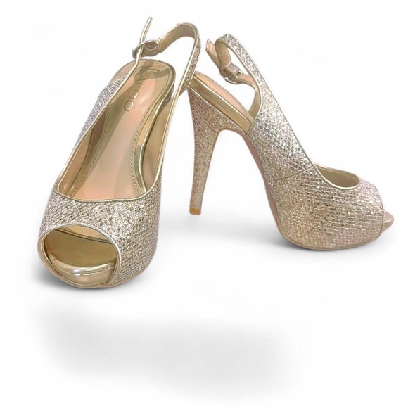 Aldo Shoes - Aldo Gold glitter peep-toe sling back 5 inch heel